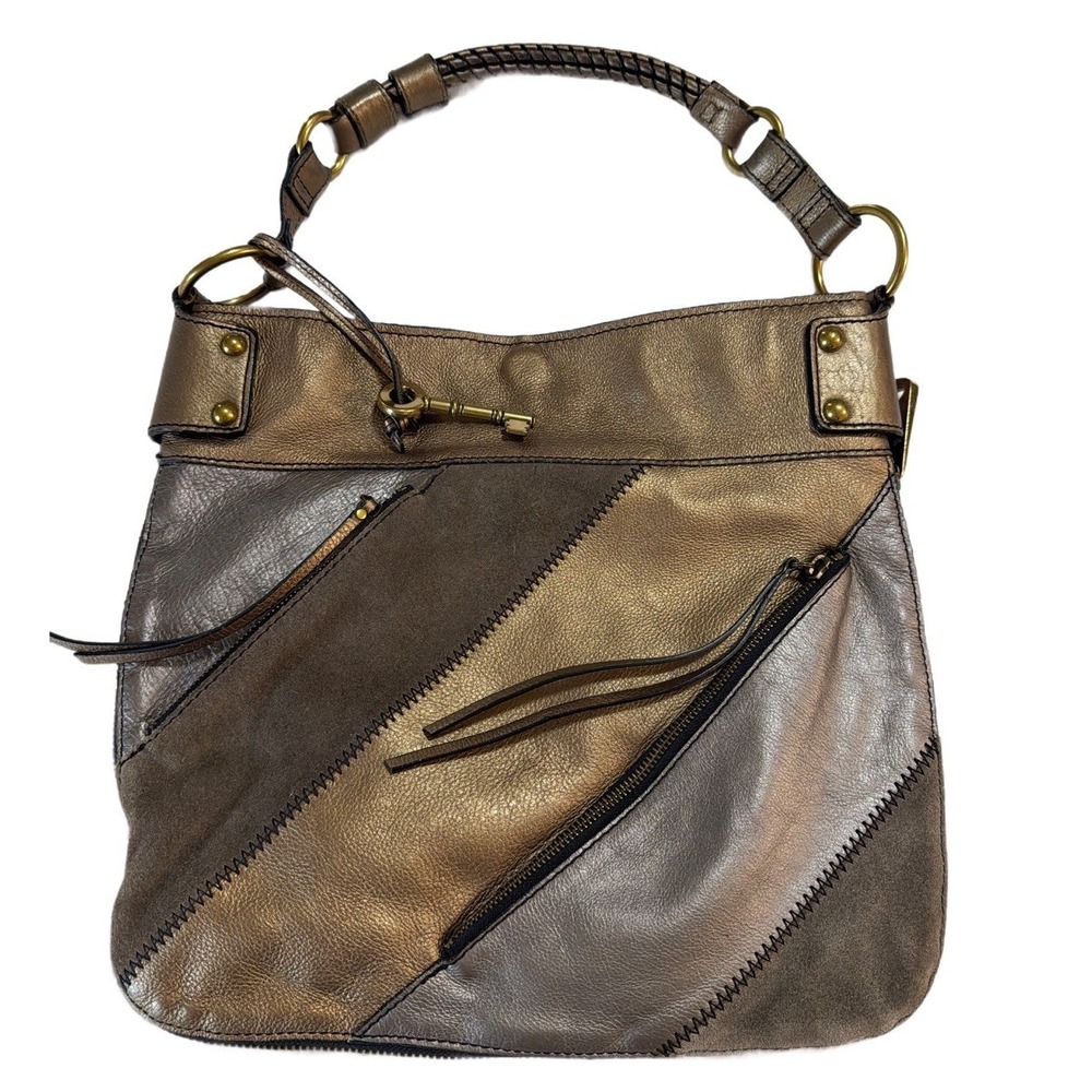 Fossil Handbag Patchwork Bronze Brown Suede Silver‎ Leather Shoulder Handbag